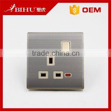 BIHU newest UK stainless steel 1 gang 1 way 13a wall switch with socket