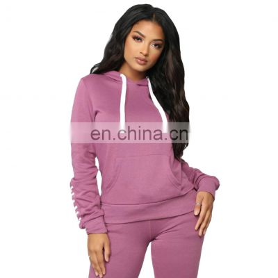Wholesale Womens Clothing High Quality Custom Long Sleeve Womens solid Top Pullover Hoodies two-piece fleece tracksuit