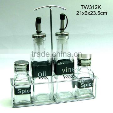 4pcs glass oil vinegar salt and pepper set with metal rack with printing (TW312K)
