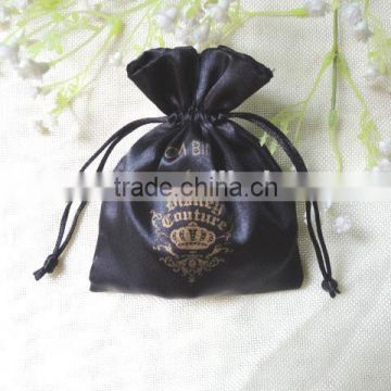 Factry supply Dia 10cm Hot Sale Balck Satin Gift Bag With Custom Printing Small Candy Bag jewelry drawstring bags
