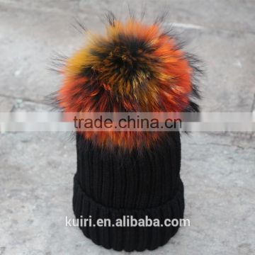 Wholesale Beanie Hats with raccoon fur ball for lady