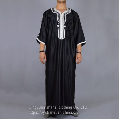 BS-113824 Men's Muslim Dresses Long Sleeve Striped Henley Shirts Kaftan Muslim Long Gown Thobe Robe for Men