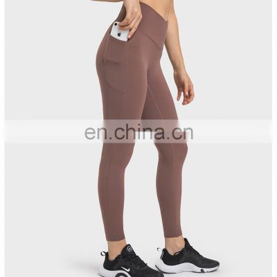 Newest V Cross Waist Sports Yoga Leggings Women Walking Running Crotchless Side Pocket Yoga Tights Gym Fitness Wear Pants