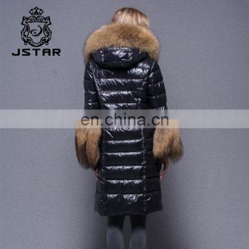 Fashion style women hooded long down jackets with belt Fur Hooded Warm Down Jackets