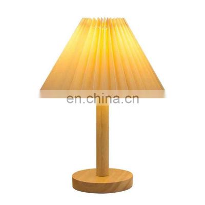 Creative Home Wood Round Base Desk Light Vintage Pleated Shade Table Lamp