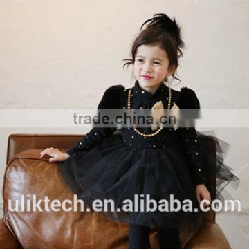 sweet 2015 kids velvet dress retro style lace dress black and white vintage princess skirt long sleeve princess dress100-140cm