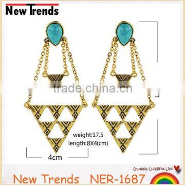 Hot selling metal turquoise triangle tassel stud earrings