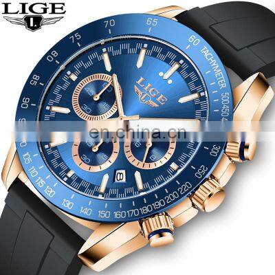 LIGE 8943 New Mens Wristwatches Top Brand Luxury Sport Wristwatch Fashion Waterproof Silicone Multifunction Quartz Watch Men