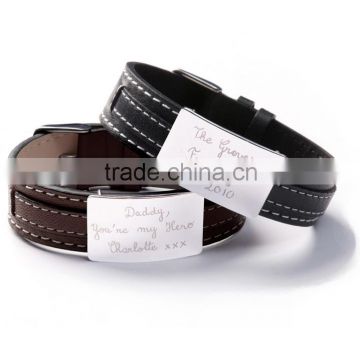 Leather Bracelet Custom Name Engravable Bangle with 316l Clasp Best Father's Day Gifts Cheap China Wholesale