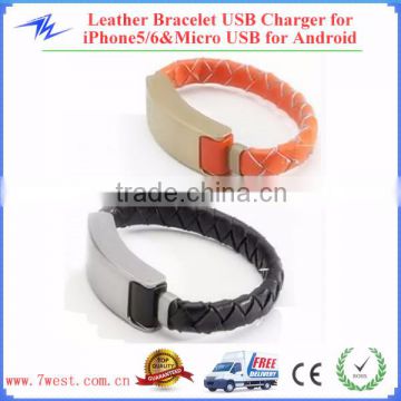Fashion Wearable leather knitting bracelet charger cable for iPhone6 Android Smartphones