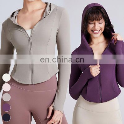Custom Running Clothing Workout Tops Wear Gym Fitness Jackets Women Long Sleeve Thumb Hole Full Zipper Hooded Yoga Jacket