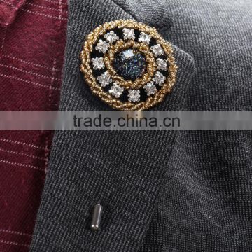 Blue and Gold Metal and Bead Lapel Flower Pin