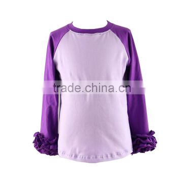 Girls fall clothing cotton raglan shirt custom purple sleeves children baseball shirts with ruffles kids ruffle shirt