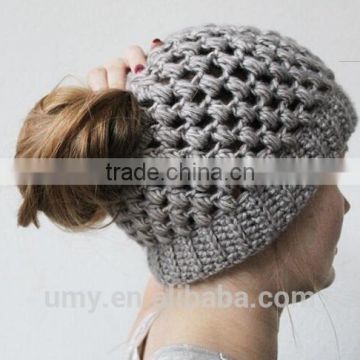 Messy Crochet Pony Tail Bun Beanie Hat