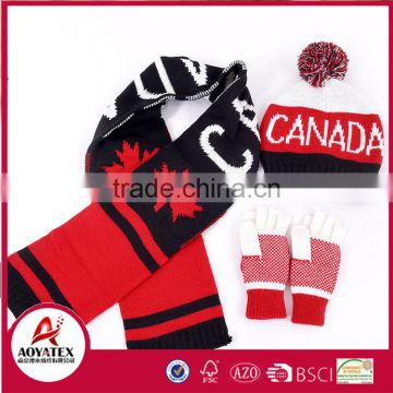 Jacquard football double layers scarf hat gloves woven acrylic sets