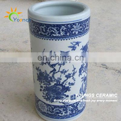 Varied Chinese Blue And White Ceramic Cylinder Floor Standing Vases For Umbrella