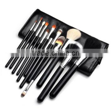 quality 12 piece animal hair black silver makeup brush set with roll case