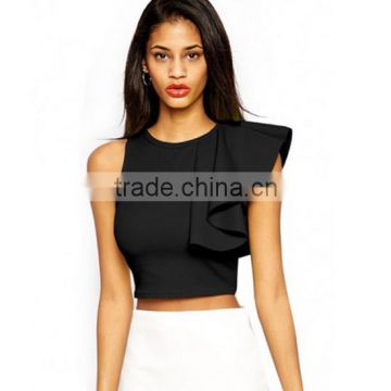 Ladies Plain Black Fashion Sexy Sleeveless Ruffled Smart Crop Tops