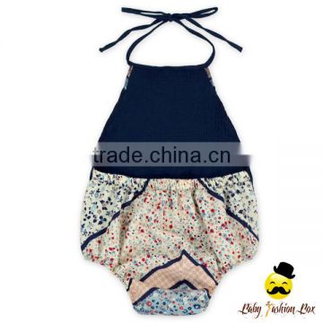 Wholesale OEM Service Kids Navy Halter Blank One Piece Bodysuit Infant Newborn Baby Girl Vintage Romper