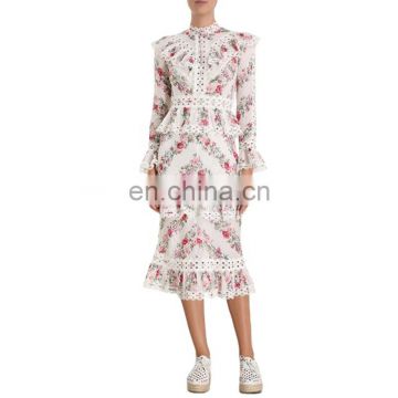 TWOTWINSTYLE Women Print Dress Stand Collar Long Sleeve High Waisrt Slim Vintage Patchwork Ruffle