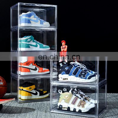 Shoe case acrylic stackable display magnetic custom logo clear foldable hi top nike plastic sneaker display shoe storage box
