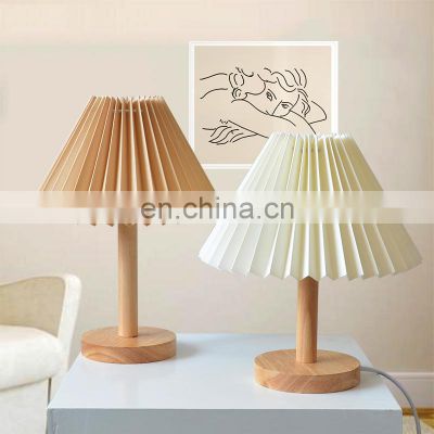 Nordic Pleated Lamp Solid Wood Free Lampshade White Night Light Vintage Wood Decorative Lampadas Table Lamp