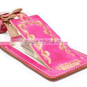 Pink leather luggage tag