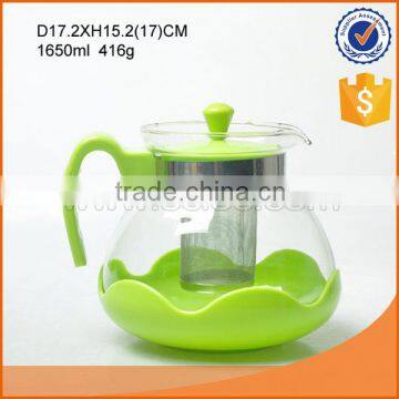 whole sale 1650ml borosilicate glass tea pot with plastic lid handle and strainer