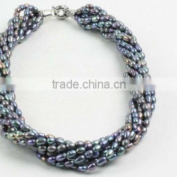 B grade peacock blue rice pearls-8 strings necklace
