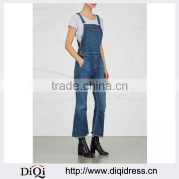 Wholesale Women Apparel Latest Dark Blue Cropped Stretch Denim Dungarees(DQE0143J)