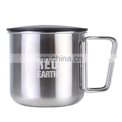 Camping single layer 420ml stainless stee coffee mug with foldable handle