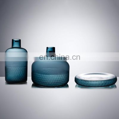 Guangzhou Manufacturer Wholesale Home Table Decoration Blue Glass Jar Vase Set