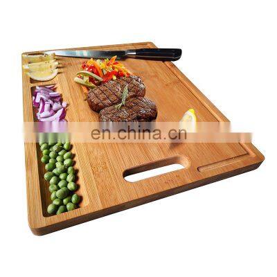 Large Organic Bamboo Cutting Board For Kitchen with 3 Built-In Compartments And Juice Grooves