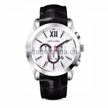 New design quartz luxury black Genuine leather chronograph watch with calendar
