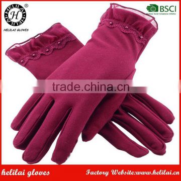 Wholesale Best Price Winter Warm Women's Fabric Gloves with Lace Cuff
