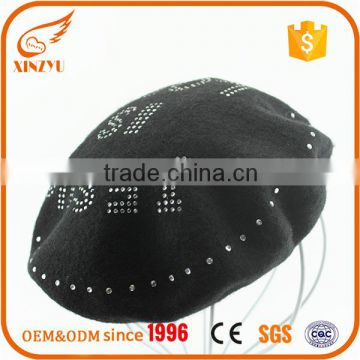 High quality black beret cap/hat women rhinestone fashion design cheap berets