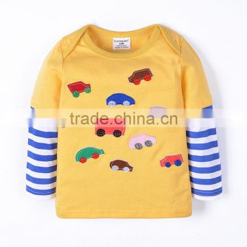 Funny stripe sleeve embroidered cars yellow baby tshirt plain