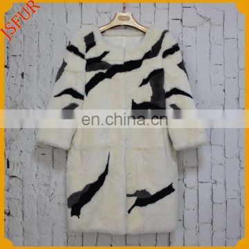 European design irregular pattern ladies rabbit fur overcoat with real rabbit fur coat
