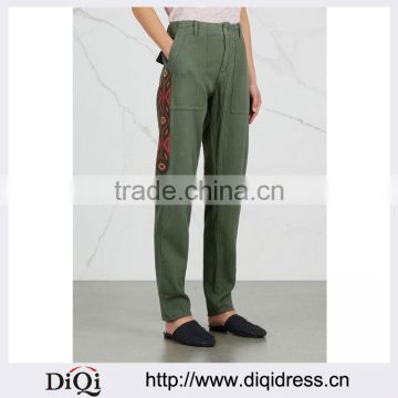 Wholesale Women Apparel Ribbed Belt Loops Adjustable Waist Green Cotton Trousers(DQE0367P)