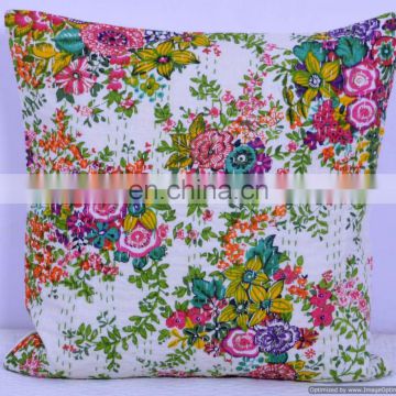 Indian Colorful Designer Cotton kantha White Floral sofa Cushion Covers/Handcrafted Ethnic kantha work Pillow Cushion Cover Art