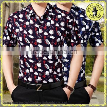 Latest designs Middle-aged men's short-sleeved shirt loose mercerized cotton print shirt