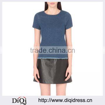 Wholesale Women Apparel Navy Short Sleeves Relaxed Round Neck Stretch-denim T-shirt(DQE0223T)