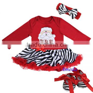Xmas Baby Red Zebra Santa HoHoHo Long Sleeves Bodysuit Pettiskirt Jumpsuit Headband Crib Shoes 3pcs NB-18M