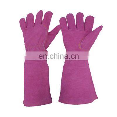 HANDLANDY Scratch resistance pink long cuff cowhide rose work gardening gloves Leather palm protection gloves