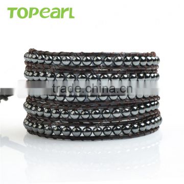 Topearl Jewelry Hematite Charm Bracelet Woven Leather Wrap Bangle 33.5 Inches CLL141