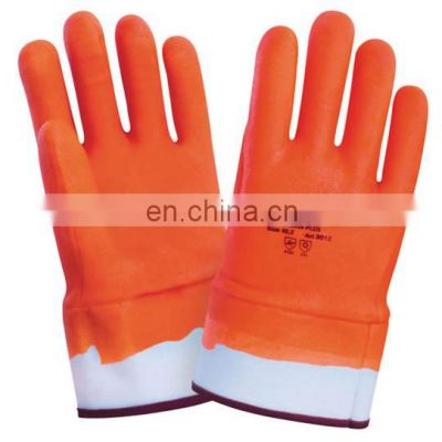 Cotton Foam Warm Lined Fluorescence Orange Color Safety Cuff PVC Sandy Fully Coated Acid-based Resistant Wholesale Gloves