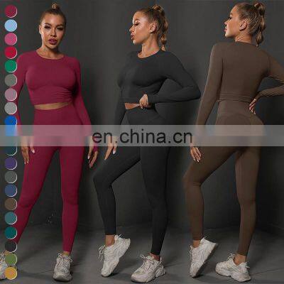 Custom Workout Clothing 2 Piece Suit Knit Long Sleeve Top High Waist Leggings Gym Fitness Sets Seamless Yoga Set For Women
