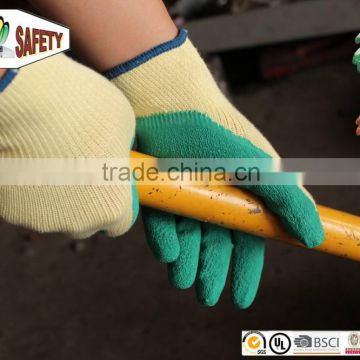 FTSAFETY 10G Yellow yarn polyester knit Glove with green latex coated for safety