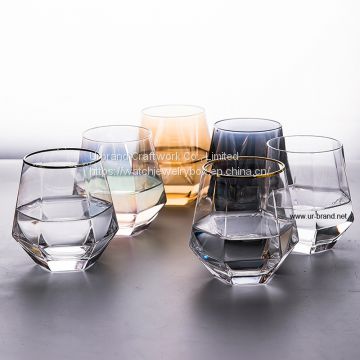 Wholesale Handmade Diamond Shape Gold logo Clear Red Wine Glass Shot Gin Glass With Real Gold Rim