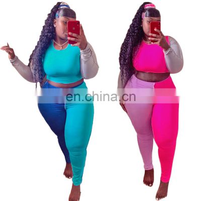 2021 Color Patchwork Color Plus Size Clothing Vendor Long Sleeve Top And Trousers Plus Size Women Clothing Two Piece Set